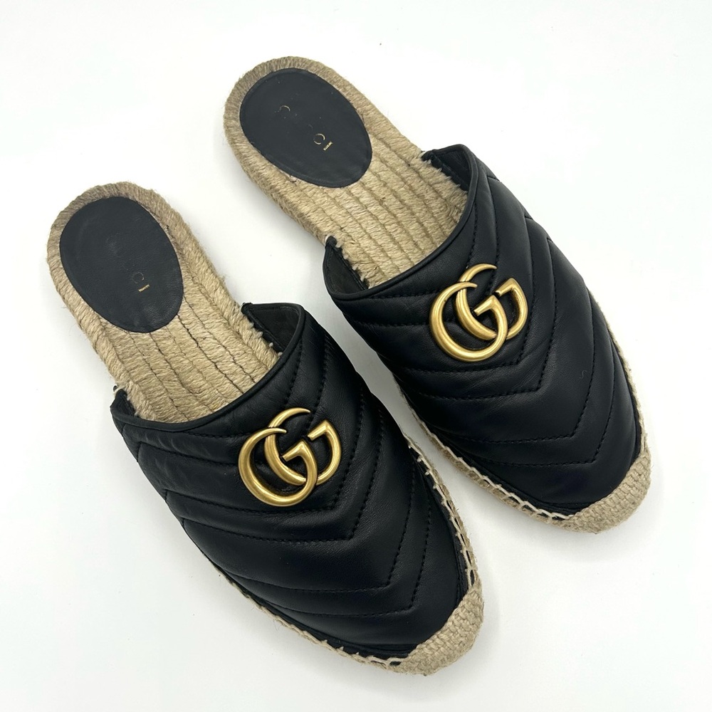 Gucci Pilar Espadrilles GG Sandals Monogram Matelasse Slides Chevron 37